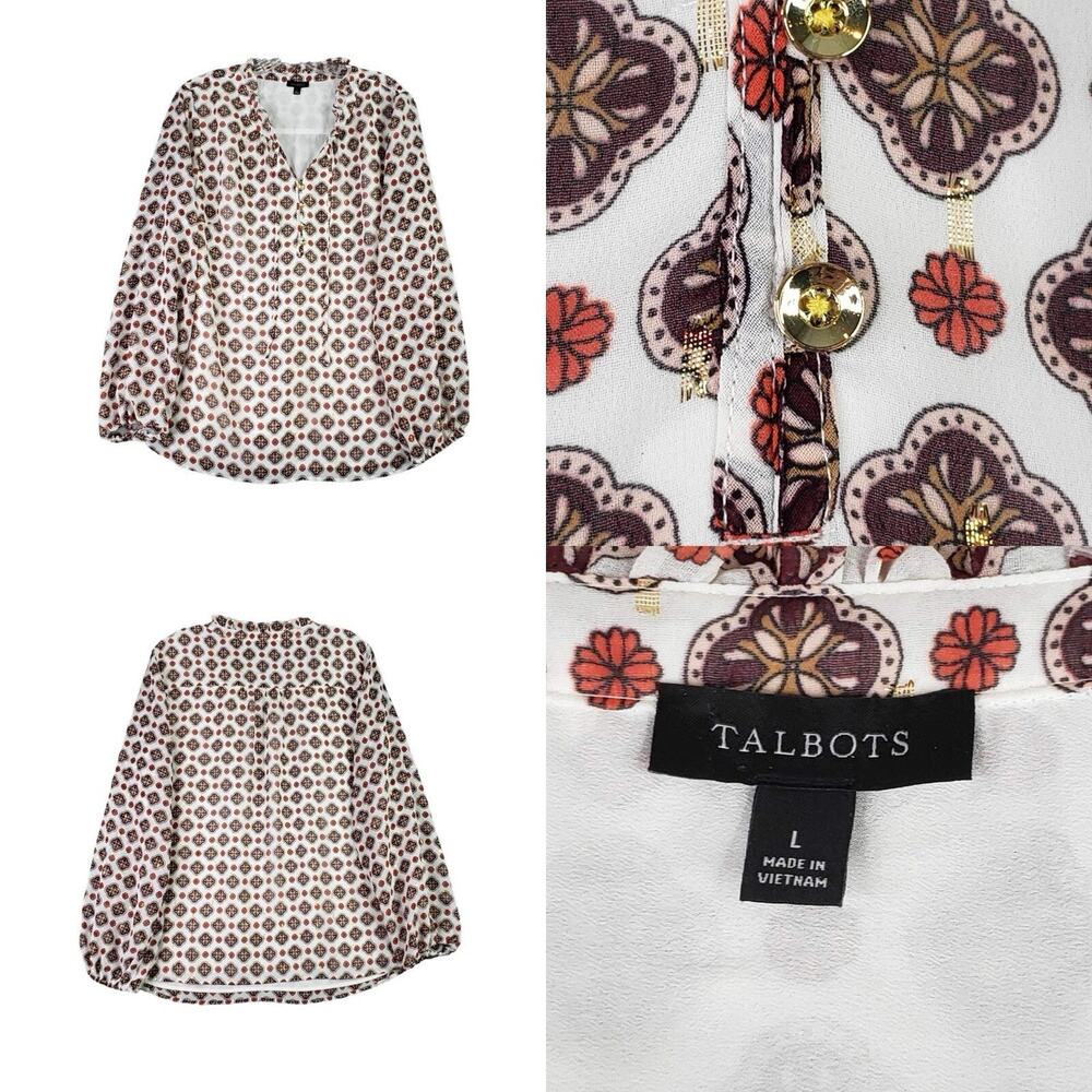 Talbots Shirt Top White Women’s Size L Large Geometric Popover Flowy Sheer